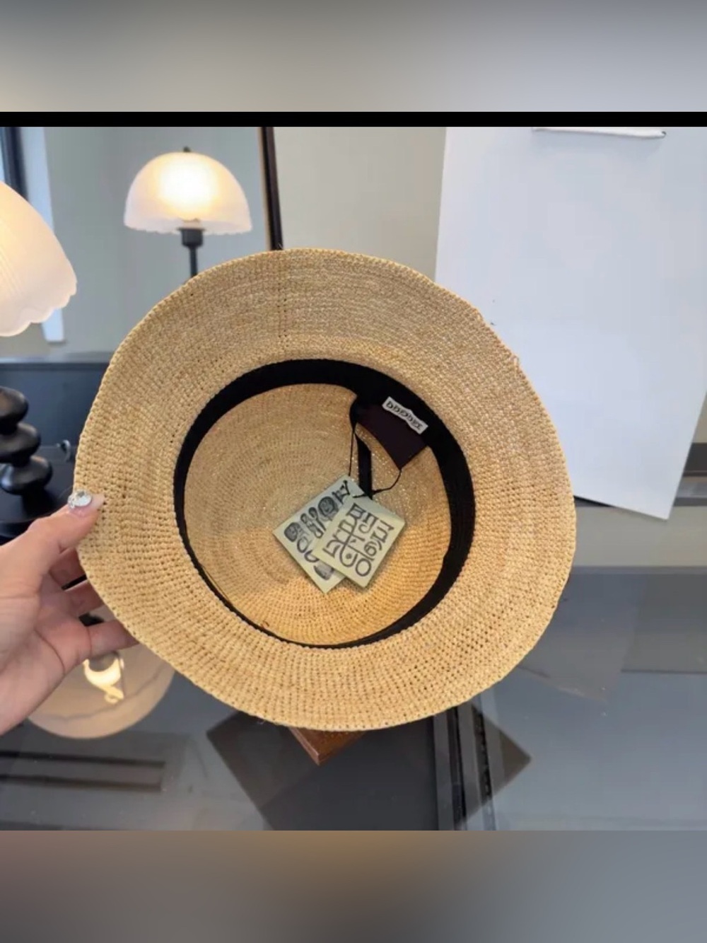 Beige Straw Bucket Hat with Brown Logo Accent - Picture 2 of 3